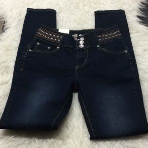 Deep Blue corset waist dark‎ wash skinny jeans